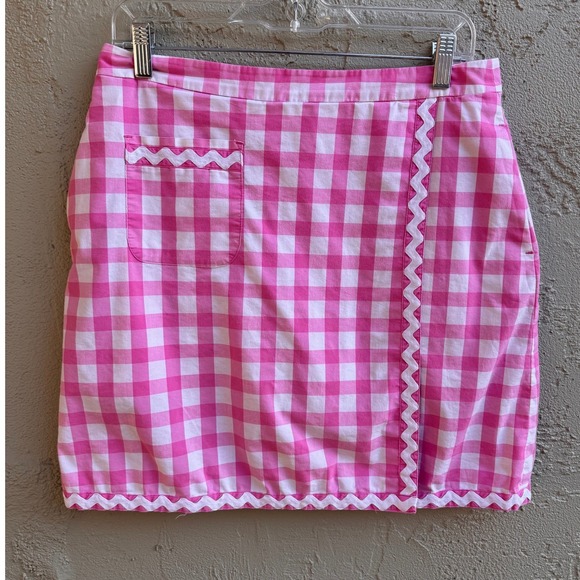 Lilly Pulitzer Dresses & Skirts - Lilly Pulitzer Pink White Gingham Wrap Skirt Ric Rac Trim Cottage Preppy Pocket